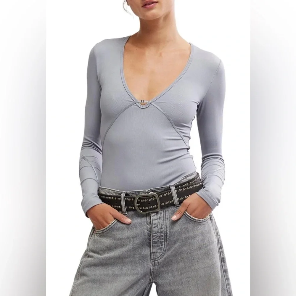 Free People Light Blue Long Sleeve Bodysuit
